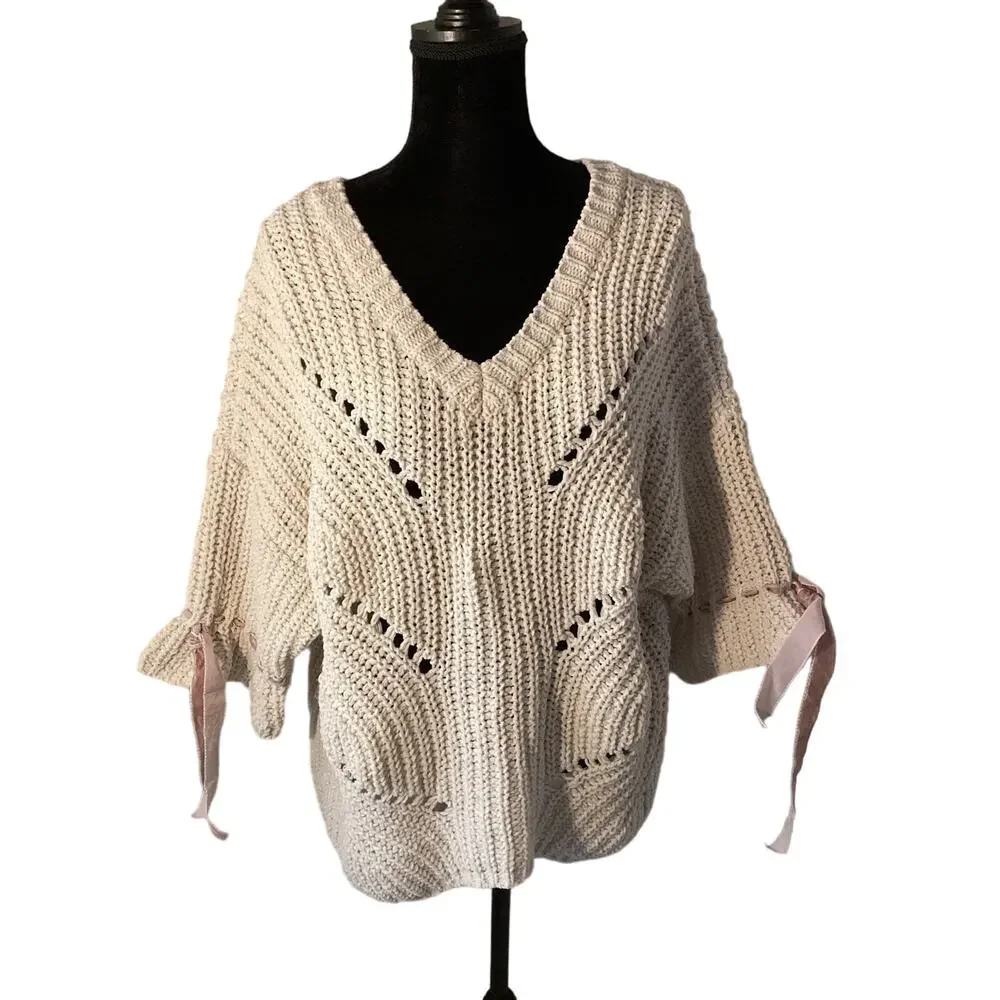 POL Chunky Knit Sweater Large Boho Oversized Cream V Neck - Picture 1 of 4